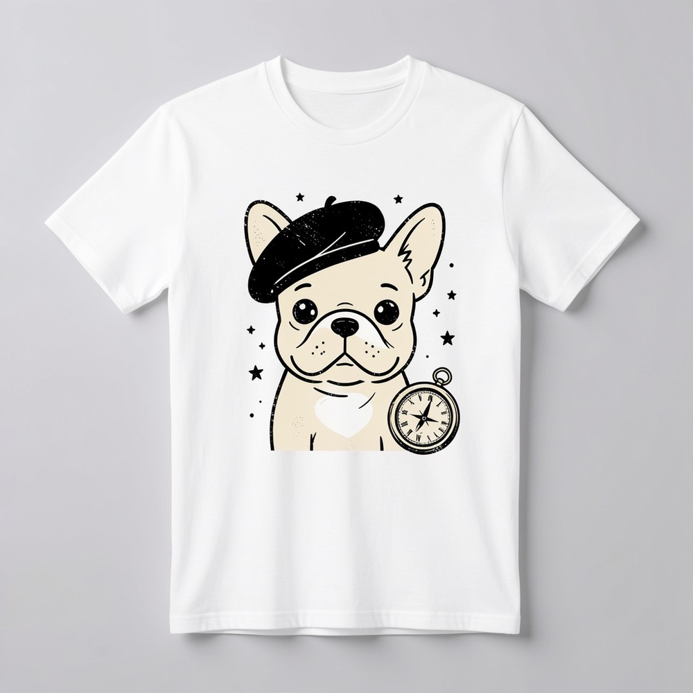 Gildan White Tee with Beige French Bulldog & Black Accents